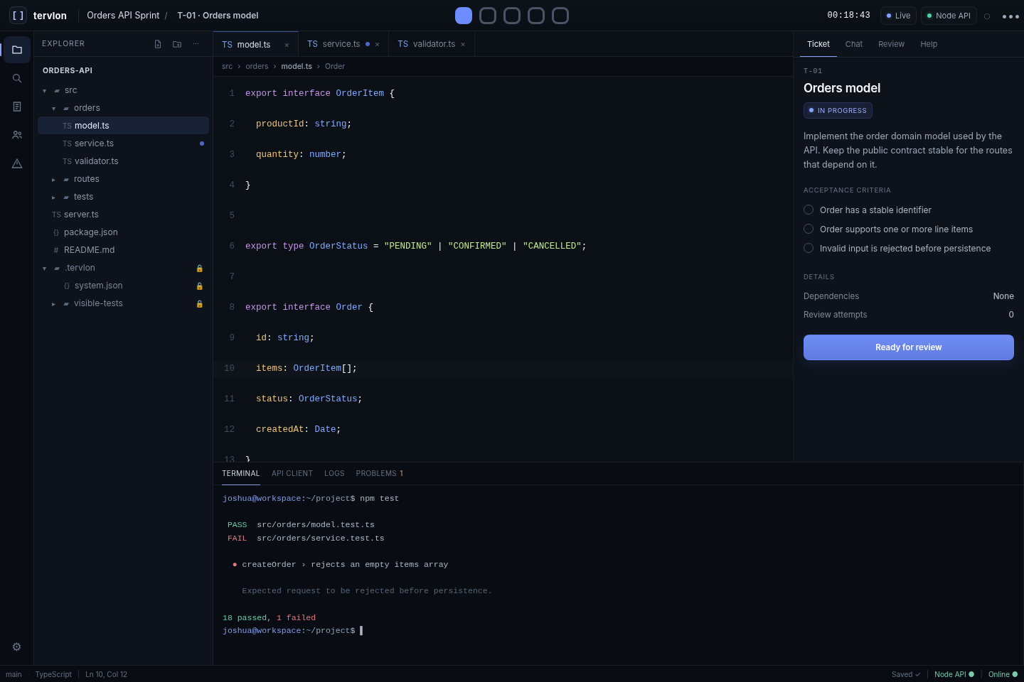 Tervlon live Sprint workspace with Explorer, editor, ticket context and terminal